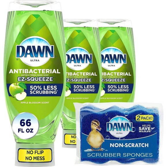 Dawn Antibacterial EZ-Squeeze Dish Soap (3x22oz) with 2 Sponges – Apple Blossom - Picture 1 of 3